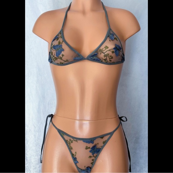 Other - Gray Periwinkle, Embroidered Butterfly, Lingerie Set